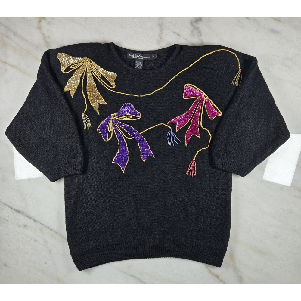 Work In Progress Sequins Beaded Bows Sweater Classy Holiday Festive Silk Black L